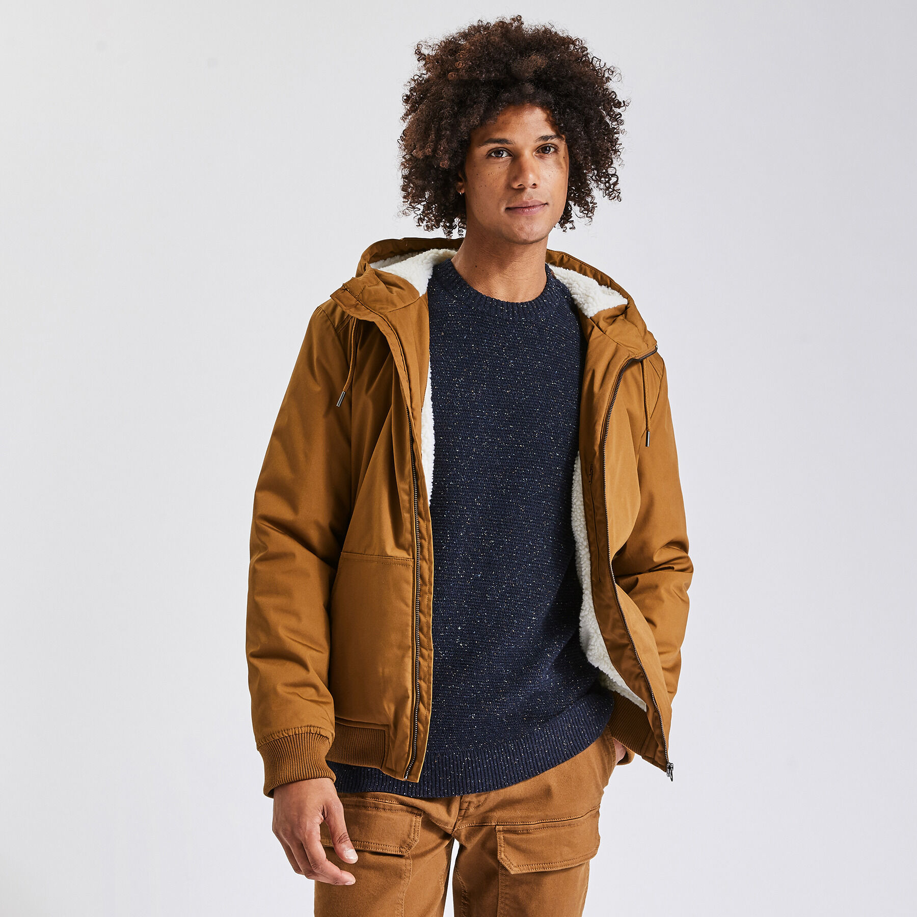 Blouson à capuche doublé faux mouton Camel | Jules