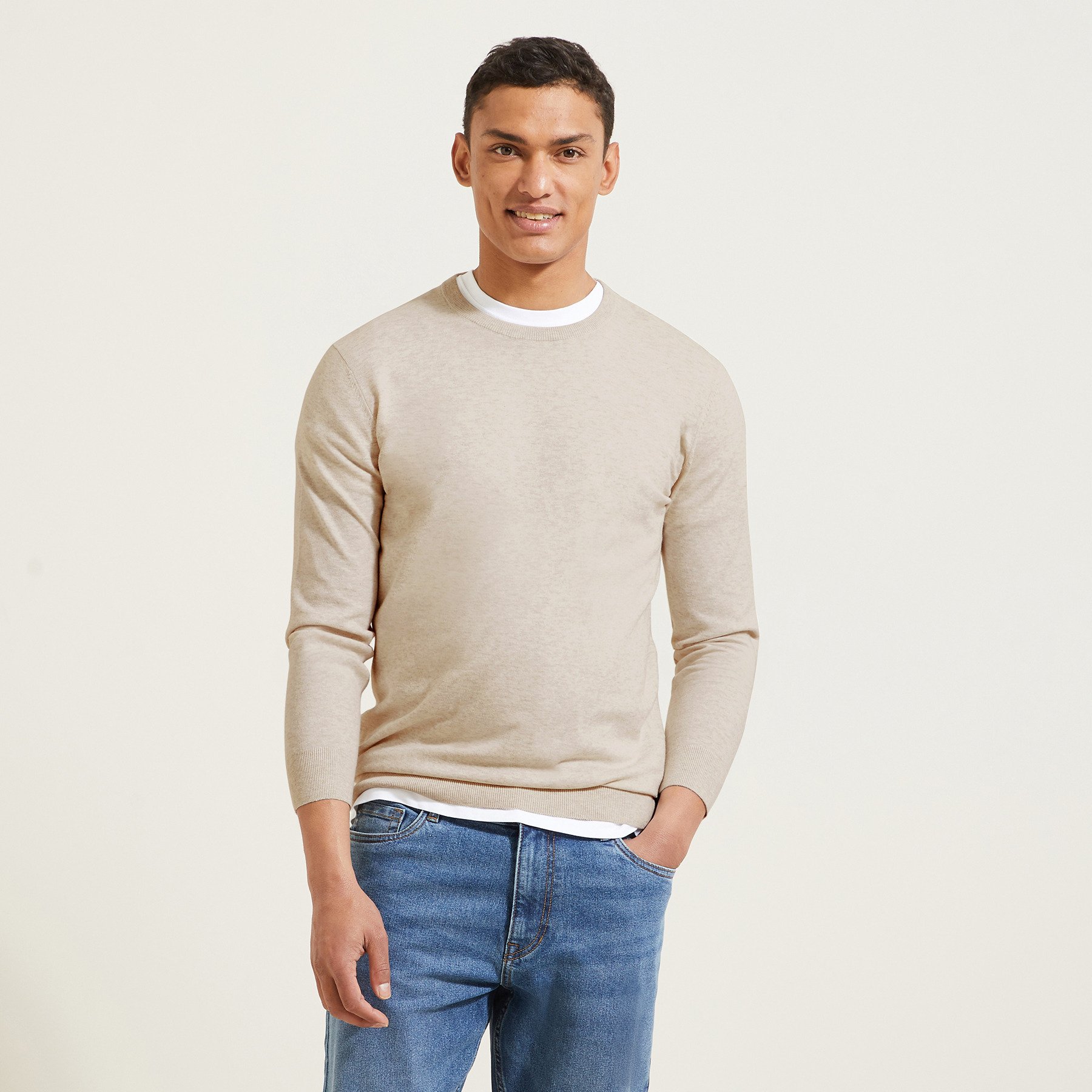 Pull col rond uni Beige S 60% Polyester, 40% Coton Homme Jules