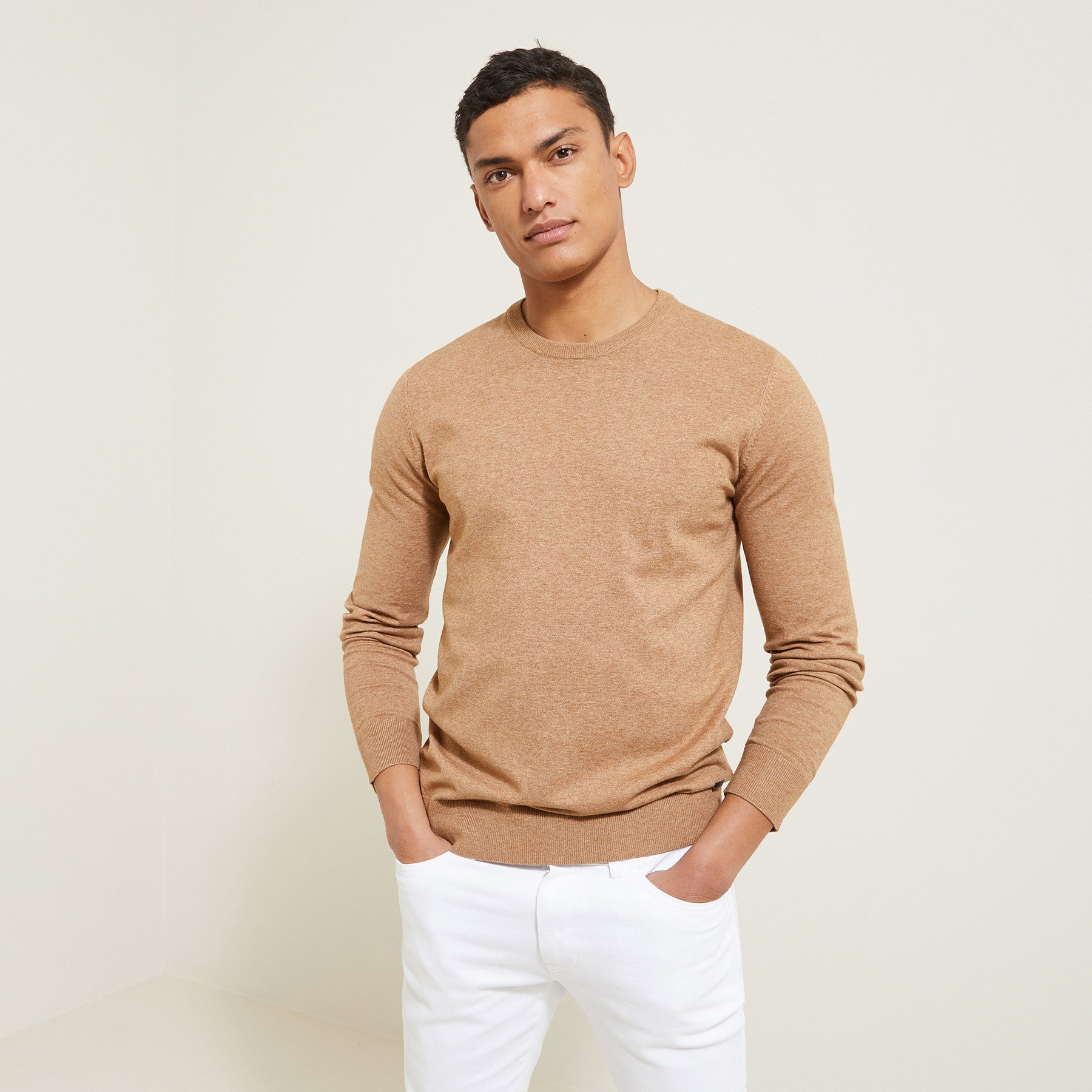 Pull col rond uni Marron S 60% Polyester, 40% Coton Homme Jules