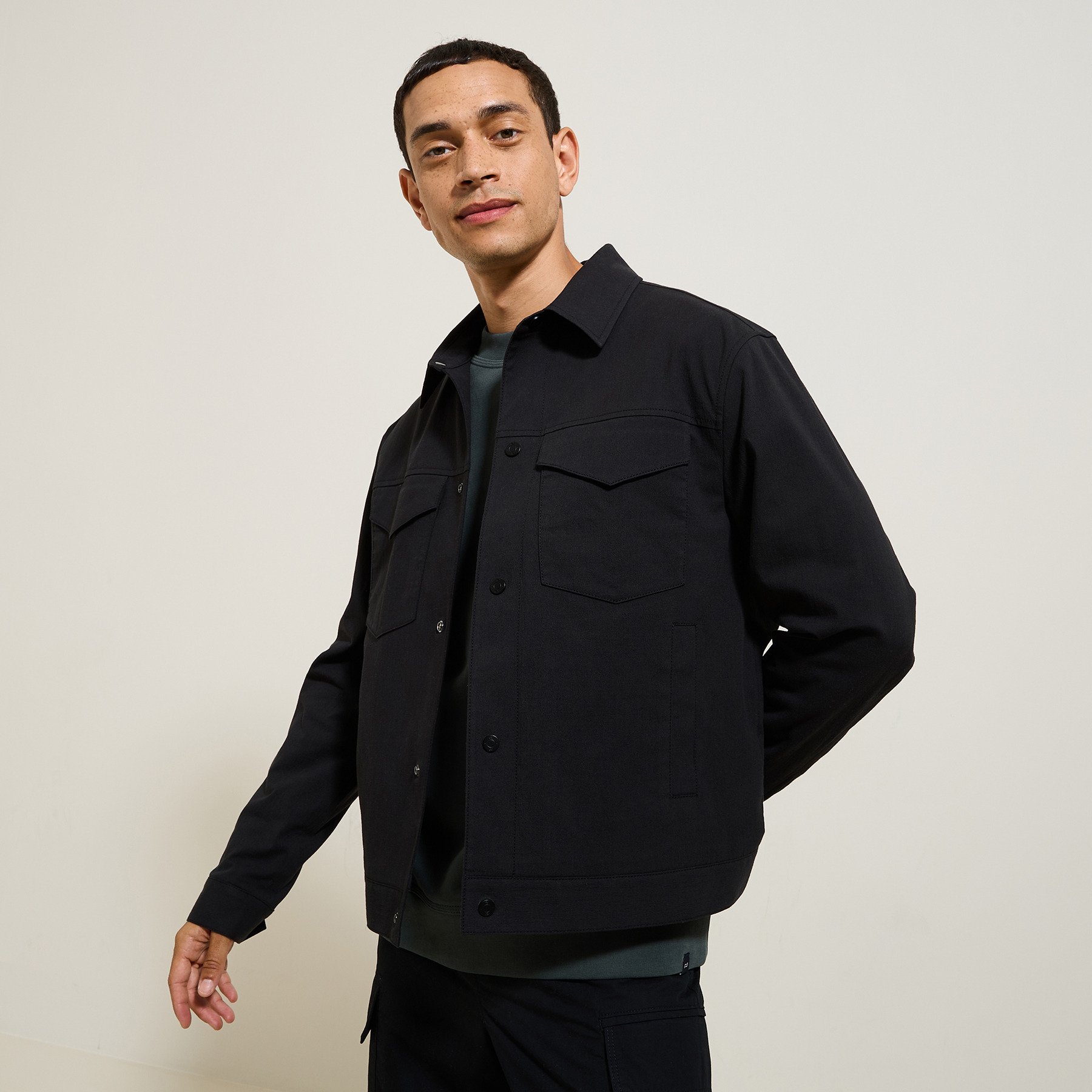 Blouson court col chemise Noir S 100% Polyester, 98% Coton, 2% Elasthanne Homme