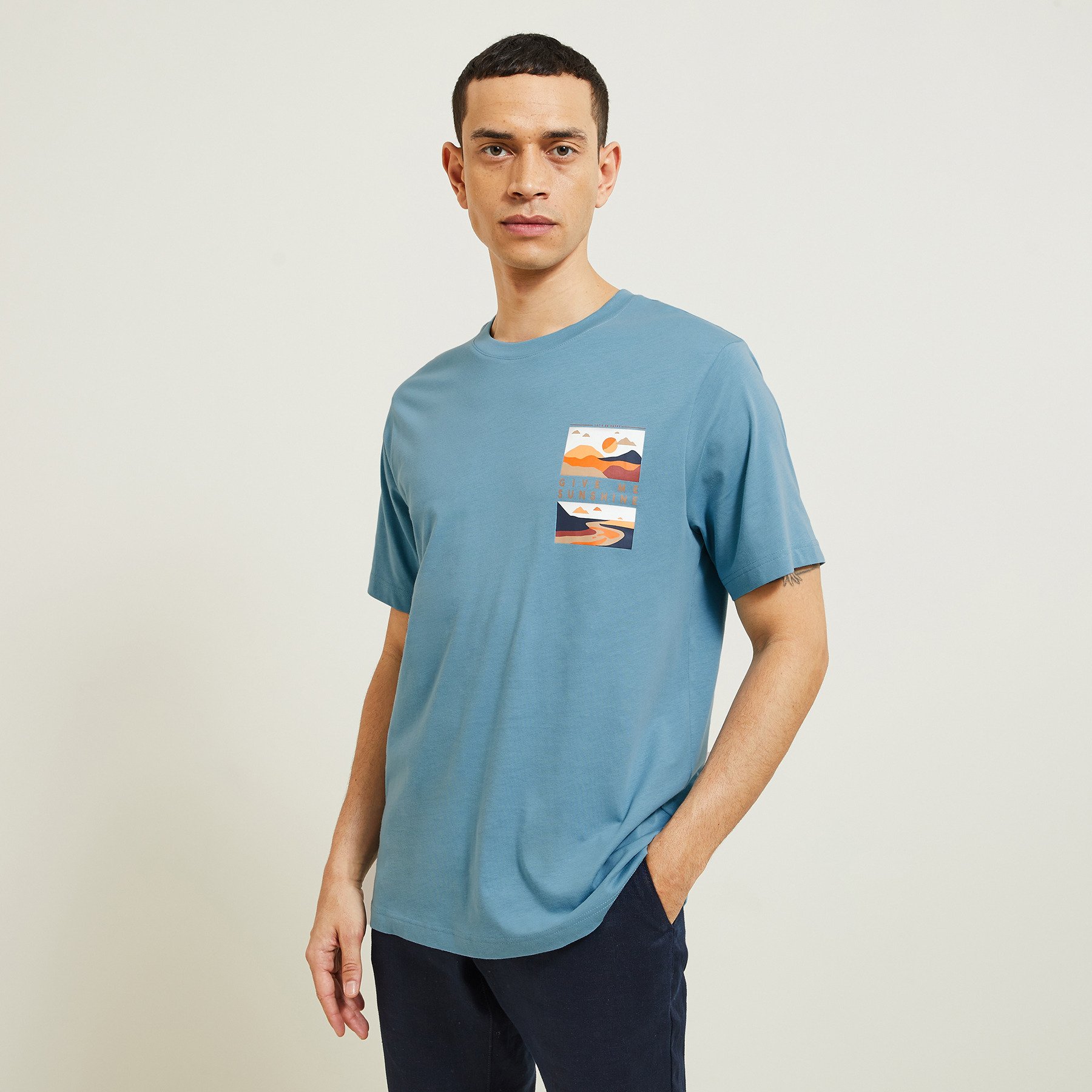 Tee shirt col rond imprimé placé paysage Bleu XS 100% Coton Homme