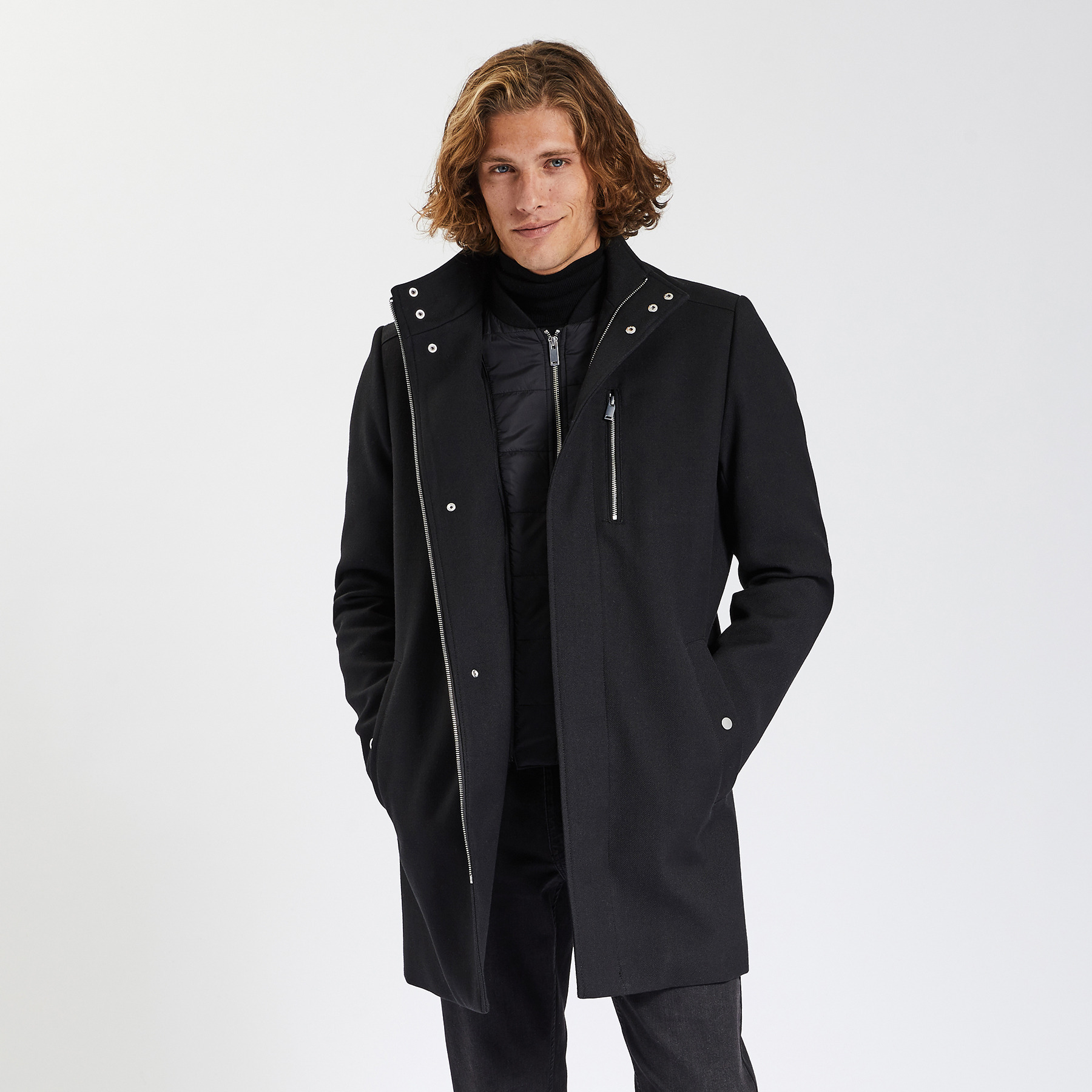 Manteau zippé col montant Noir S Polyester Homme